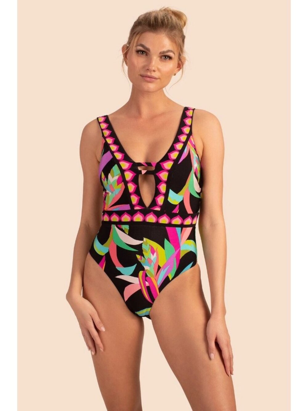 Trina Turk Birds Of Paradise One Piece Swimsuit Tropical Black Size 8 NEW